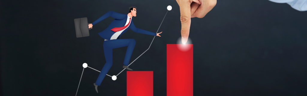 A cartoon image of a businessman in a suit running up the steps of a graph with someone's lit-up finger touching the highest step.