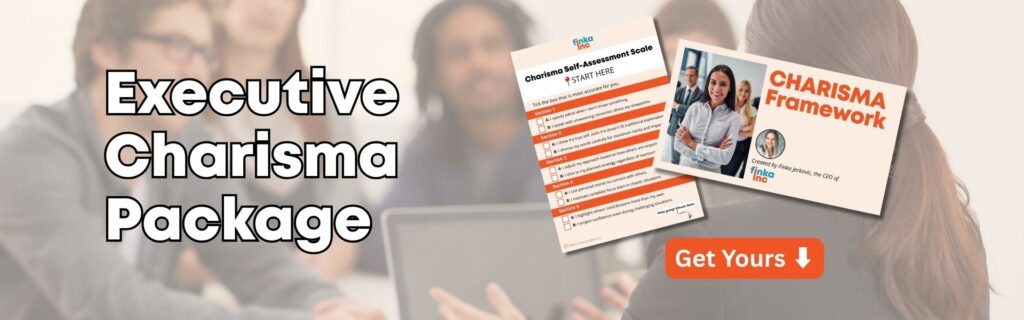 People sitting around a table in a meeting room in an office with the words "Executive Charisma Package" and covers of those resources overlayed on top.