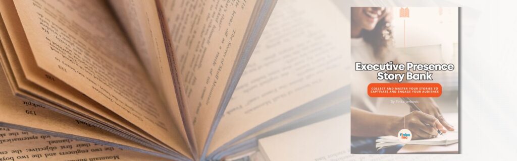 An open book with a resource titled Executive Presence Story Bank overlayed on top.