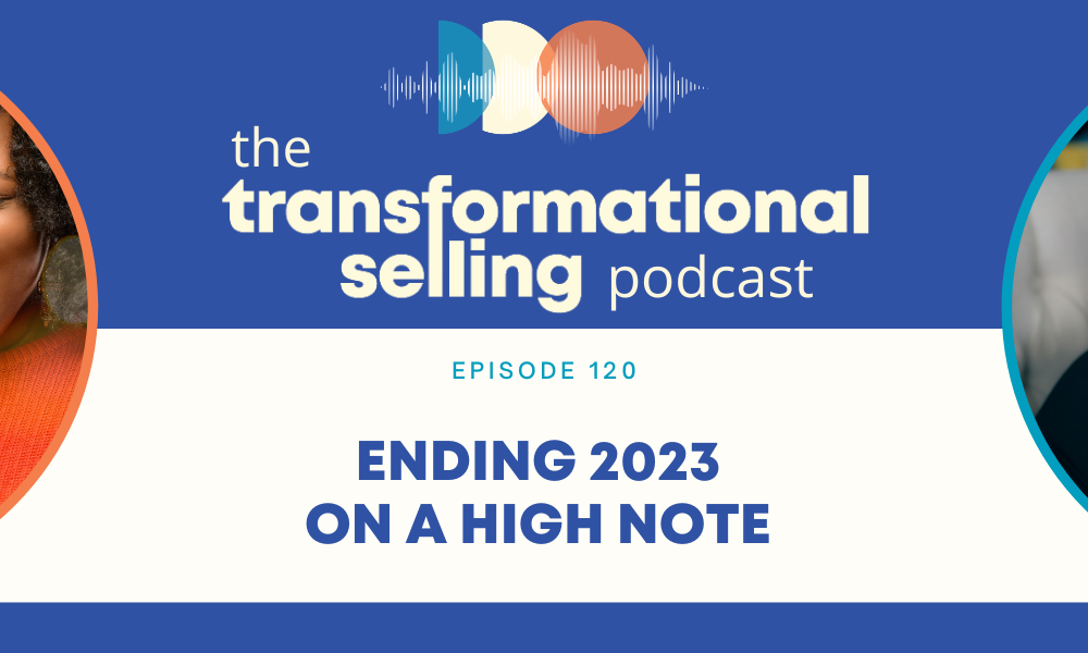 A blue and white graphic with an image of a smiling lady to the left and a headshot of Finka to the right and the words, "Ending 2023 on a High Note."