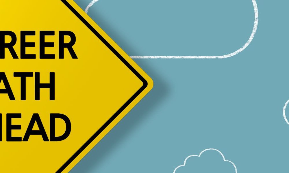 A yellow sign that says "Career path ahead" against a blue background.
