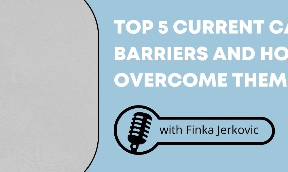 An image of a corporate worker pushing against a brick wall with the words "Top 5 Current Career Barriers and How to Overcome Them."