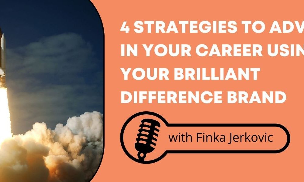 An image of a rocket taking off with the words "4 Strategies to Advance in Your Career Using Your Brilliant Difference Brand."