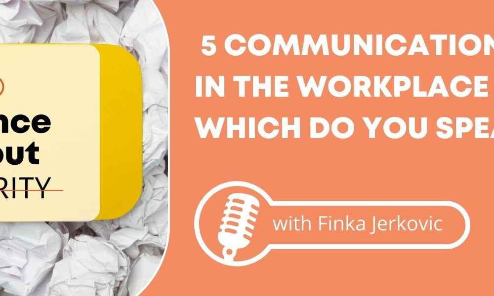 An image of a yellow speech bubble against crinkled paper with the Influence Without Authority logo in the middle and words beside it against an orange background saying: "5 Communication Styles in the Workplace — Which Do You Speak?"