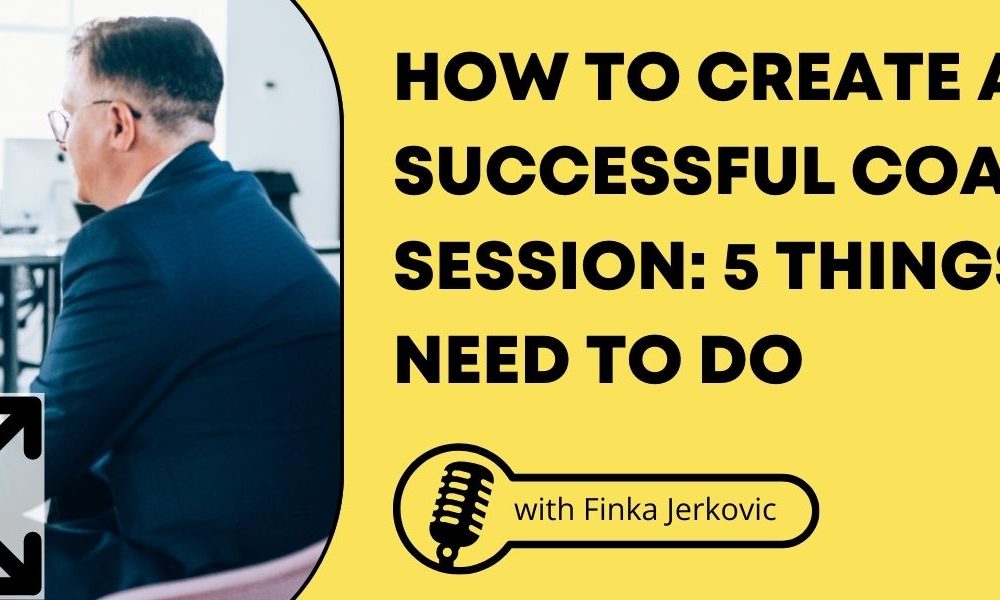 A woman and a man sitting in an office having a workplace coaching conversation. Beside it is a yellow background with the words: "How to Create a Successful Coaching Session: 5 Things You Need to Do."