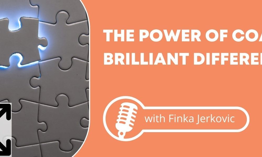 A picture of a puzzle put together with one illuminated piece next to the words, "The Power of Coaching to Brilliant Differences" against an orange background.