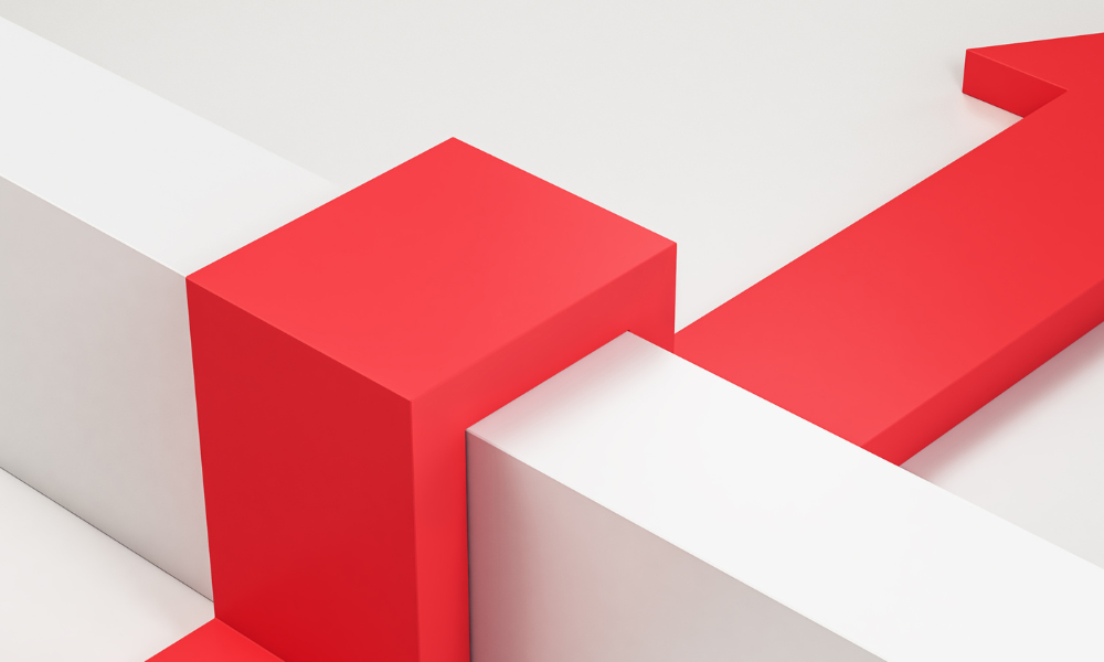 A woman looking at a white space with a red arrow going over an obstacle.