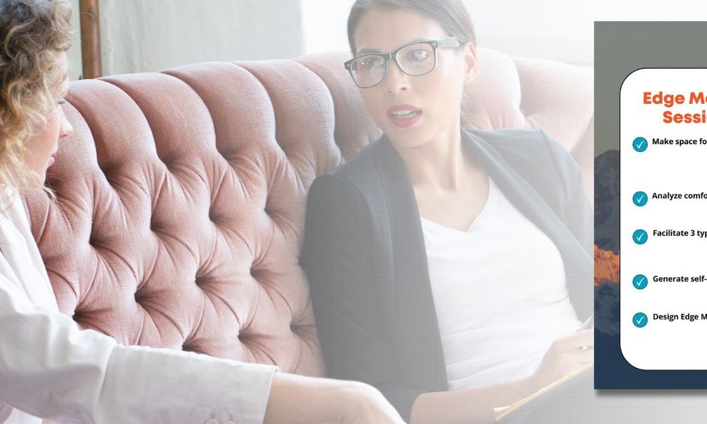 Two women employees having a coaching session in an office with the Edge Moves Coaching Session Checklist resource overlayed beside them.