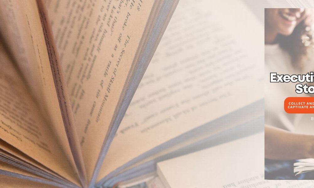 An open book with a resource titled Executive Presence Story Bank overlayed on top.
