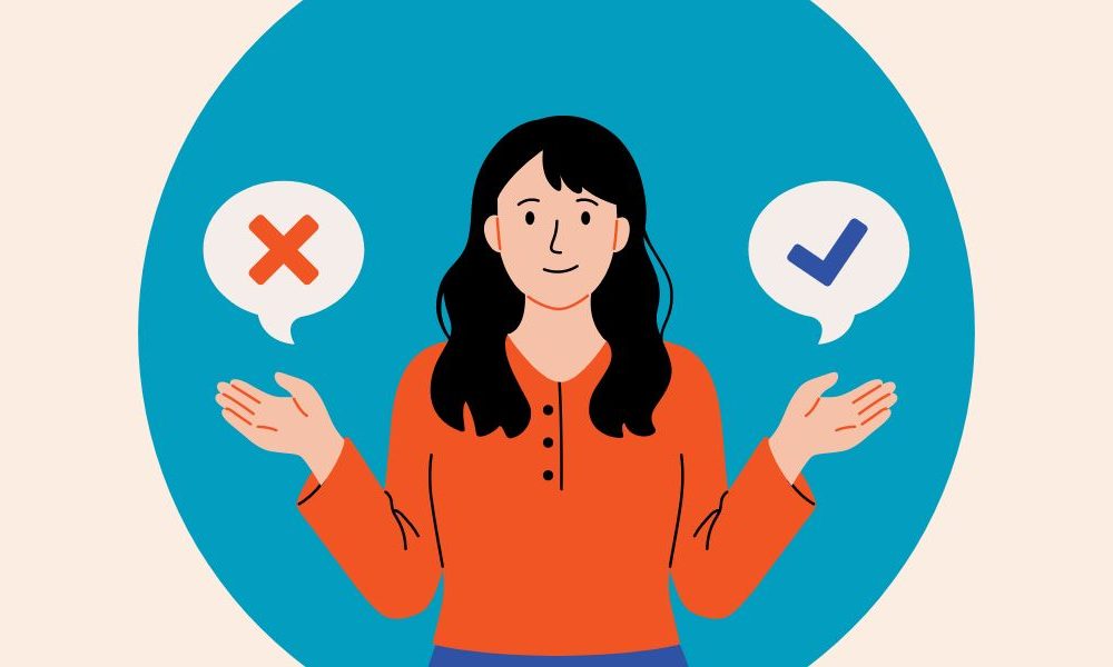 An illustration of a woman holding out both hands with an x floating above one hand and a check mark floating above the other hand.