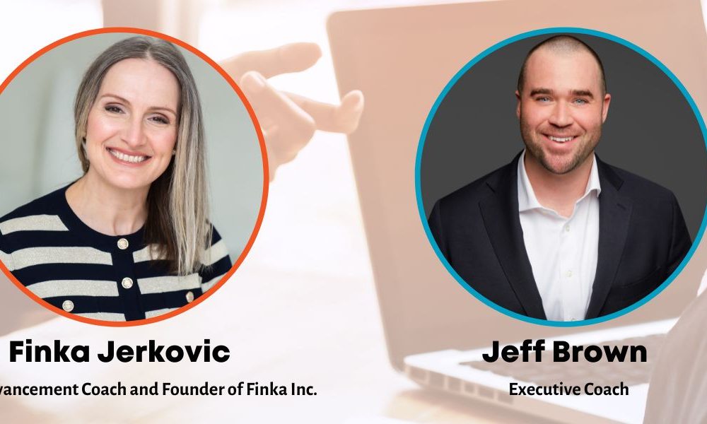 An image of Finka Jerkovic and an image of Jeff Brown with a picture of two people interviewing in the background.