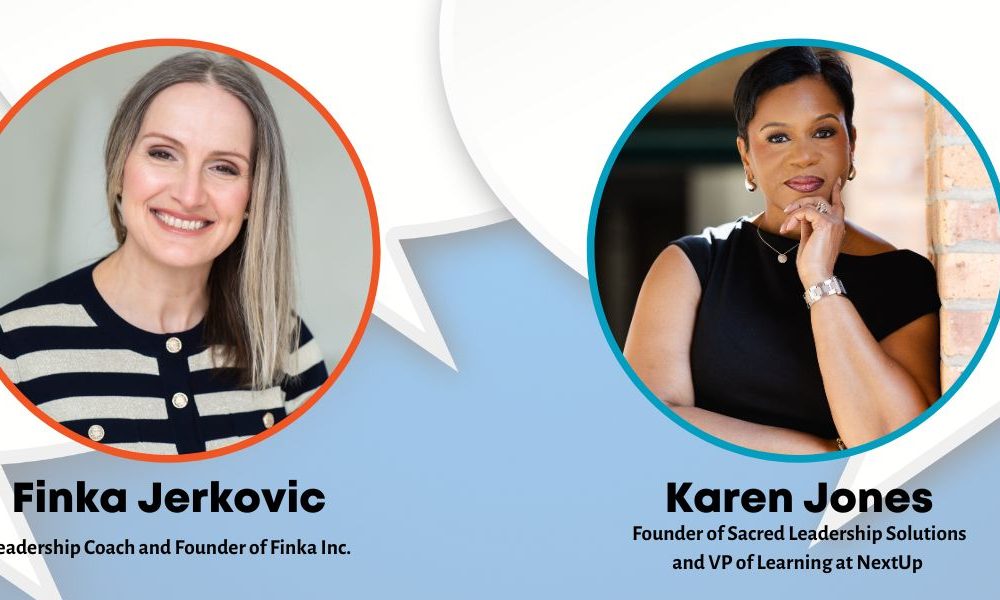 Headshots of Finka Jerkovic and Karen Jones against a speech bubble background.