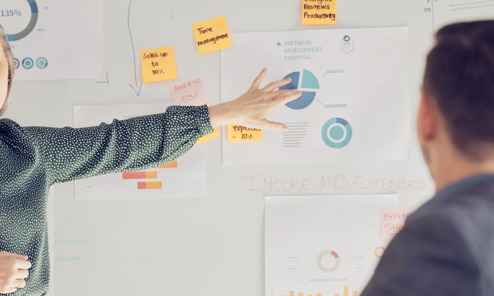 A woman pointing to a whiteboard with sticky notes and presenting to people.