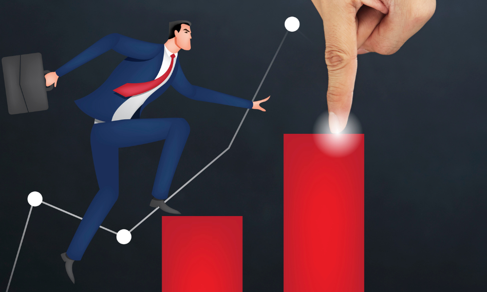 A cartoon image of a businessman in a suit running up the steps of a graph with someone's lit-up finger touching the highest step.